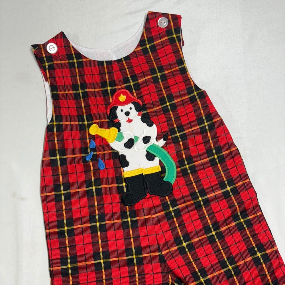 Boys Red Plaid Fire Dog Patch‎ Jumpsuit Overalls Kelly's Kids Size 4T Jumper Vtg